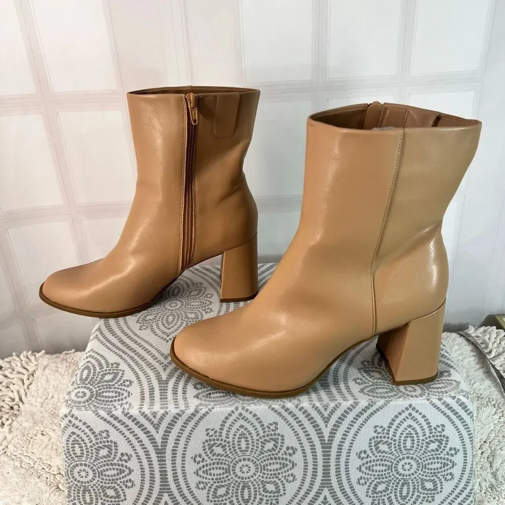 A New Day Tan Almond Toe Side Zip Block Heel Janelle Ankle Dress Bootie Size 11